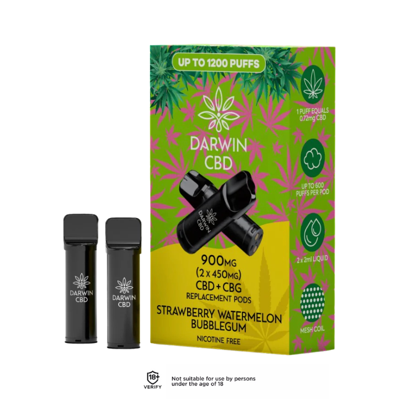 Strawberry Watermelon Bubblegum 900mg Darwin CBD Prefilled Pods 1200 Puffs - 2 Pack